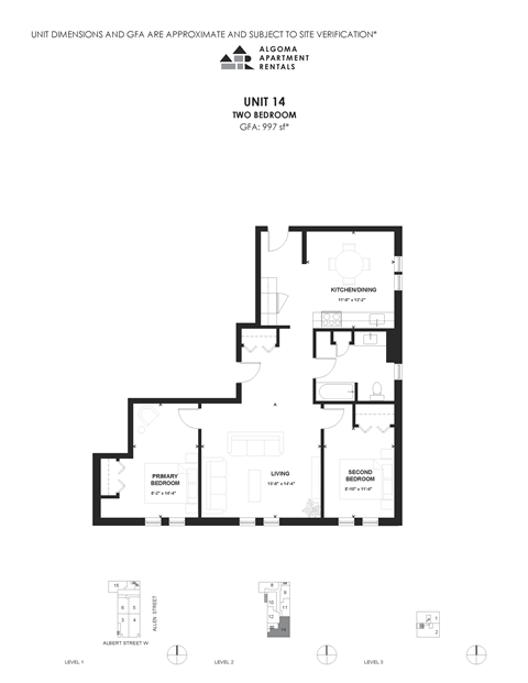 Floor plan for 2 beds, 1 bath, 997 sqft